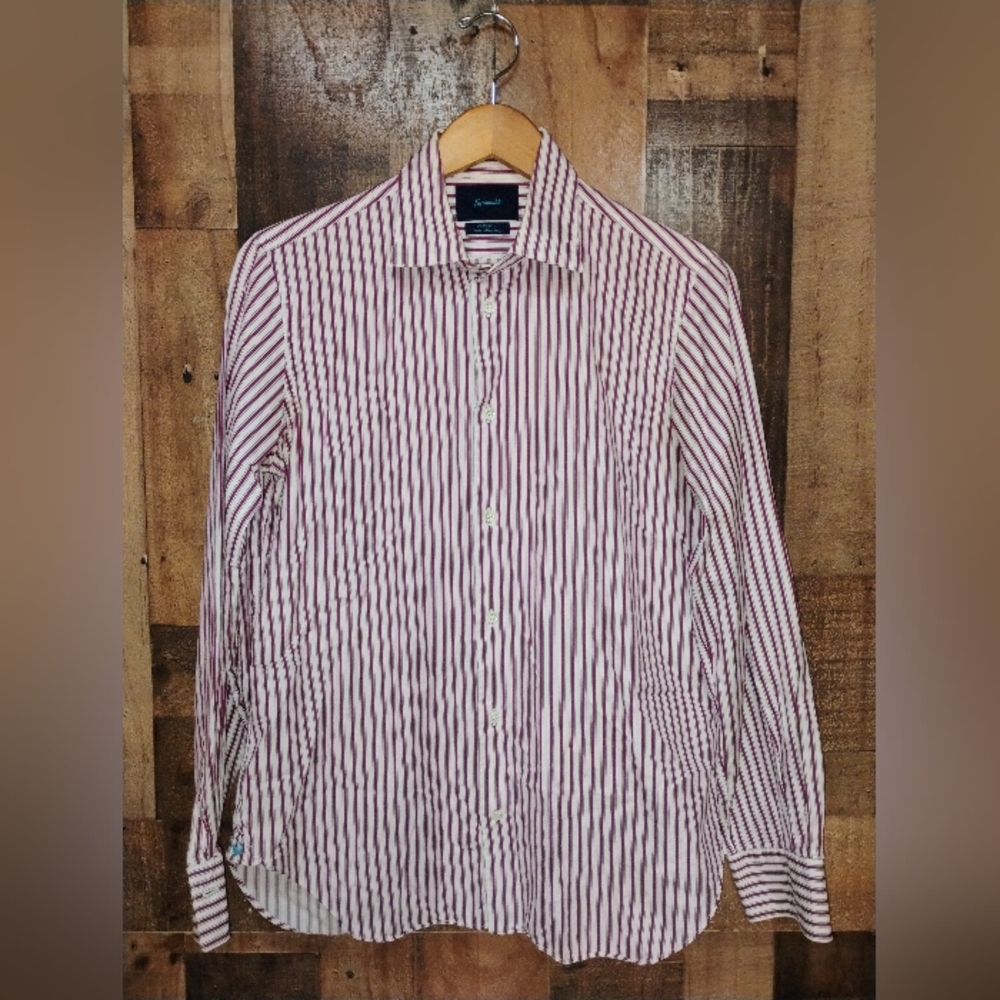 Faconnable Men's Burgundy and White Striped Button Down Dress Shirt Large - Picture 2 of 6